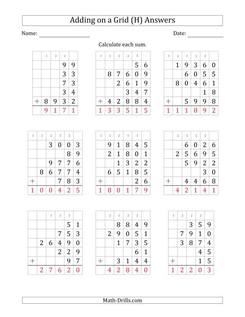 The Adding Five Various-Digit Numbers on a Grid (H) Math Worksheet Page 2