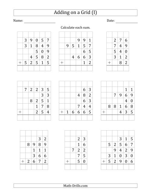 The Adding Five Various-Digit Numbers on a Grid (I) Math Worksheet