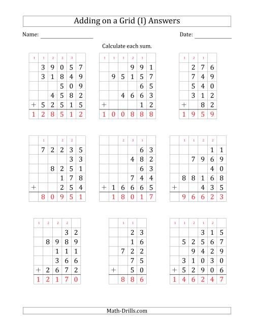 The Adding Five Various-Digit Numbers on a Grid (I) Math Worksheet Page 2