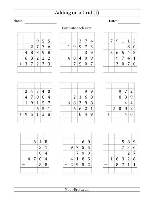 The Adding Five Various-Digit Numbers on a Grid (J) Math Worksheet