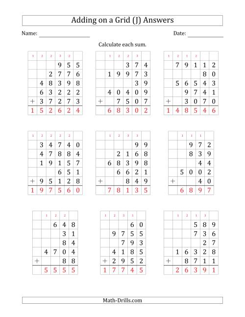 The Adding Five Various-Digit Numbers on a Grid (J) Math Worksheet Page 2