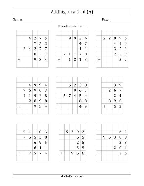 The Adding Five Various-Digit Numbers on a Grid (All) Math Worksheet