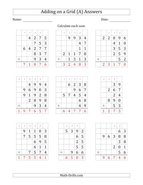 The Adding Five Various-Digit Numbers on a Grid (All) Math Worksheet Page 2