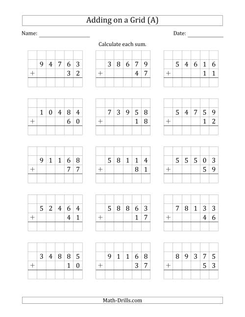 The Adding 5-Digit Plus 2-Digit Numbers on a Grid (A) Math Worksheet