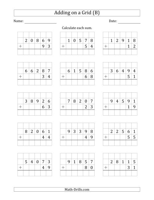 The Adding 5-Digit Plus 2-Digit Numbers on a Grid (B) Math Worksheet