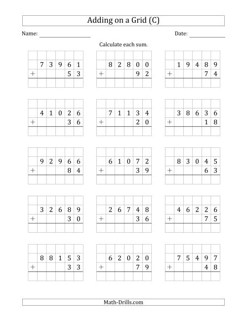 The Adding 5-Digit Plus 2-Digit Numbers on a Grid (C) Math Worksheet