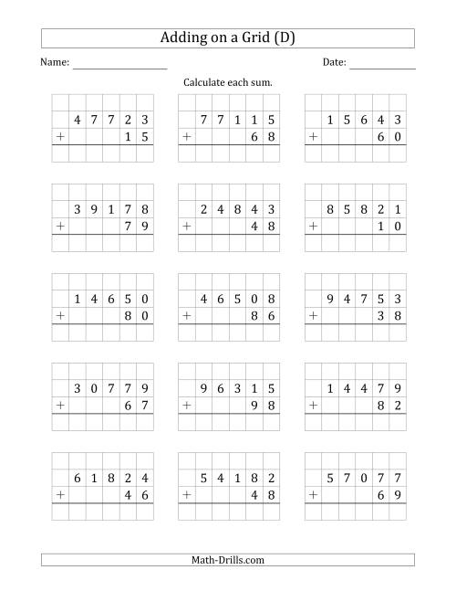The Adding 5-Digit Plus 2-Digit Numbers on a Grid (D) Math Worksheet