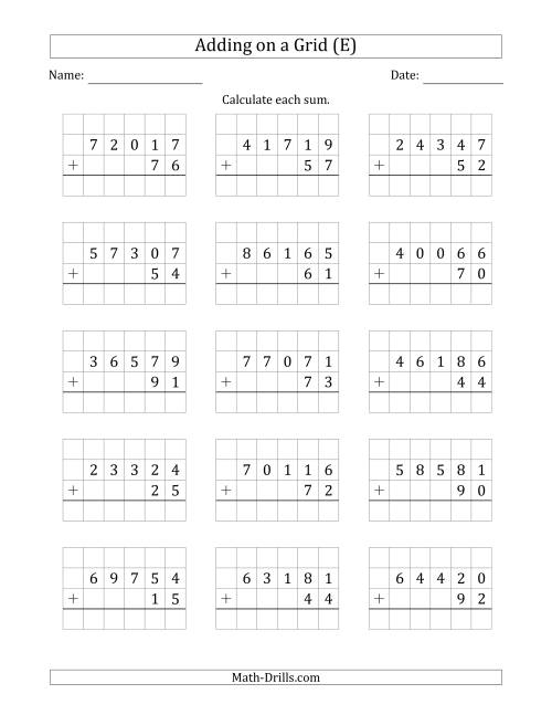 The Adding 5-Digit Plus 2-Digit Numbers on a Grid (E) Math Worksheet