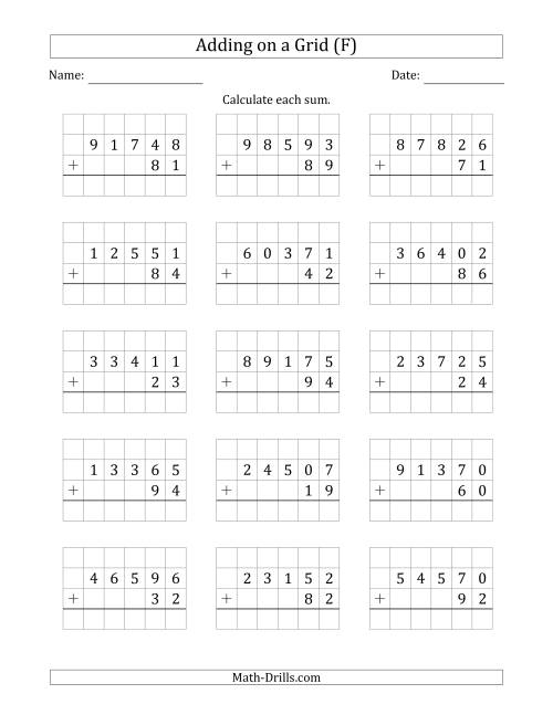The Adding 5-Digit Plus 2-Digit Numbers on a Grid (F) Math Worksheet