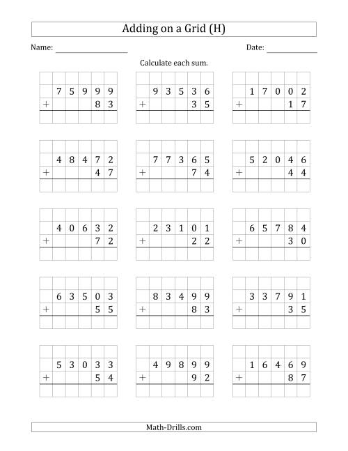 The Adding 5-Digit Plus 2-Digit Numbers on a Grid (H) Math Worksheet