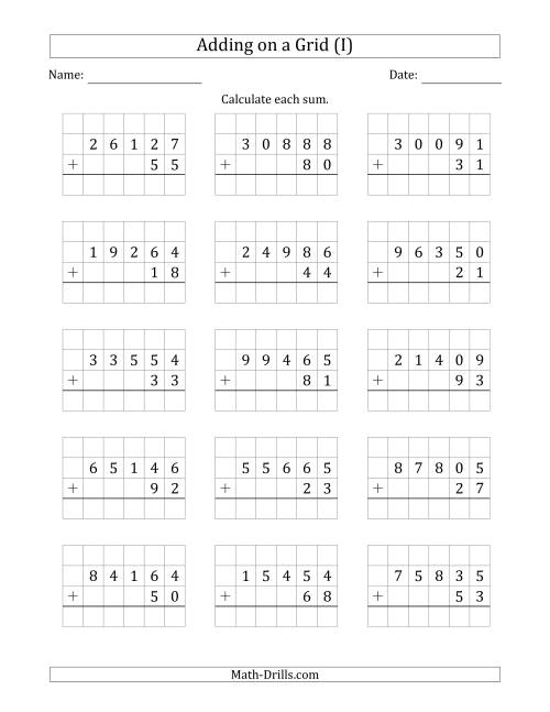 The Adding 5-Digit Plus 2-Digit Numbers on a Grid (I) Math Worksheet