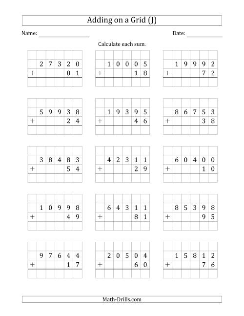 The Adding 5-Digit Plus 2-Digit Numbers on a Grid (J) Math Worksheet