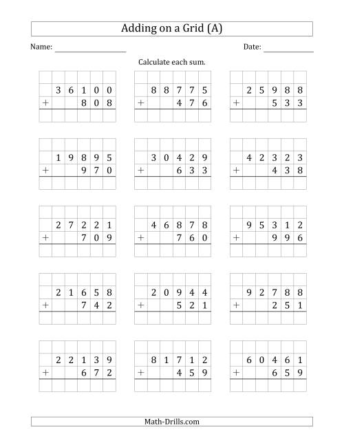 The Adding 5-Digit Plus 3-Digit Numbers on a Grid (A) Math Worksheet