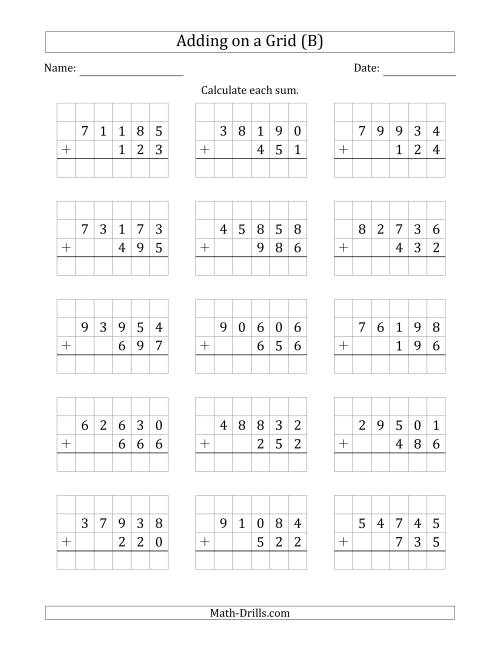The Adding 5-Digit Plus 3-Digit Numbers on a Grid (B) Math Worksheet