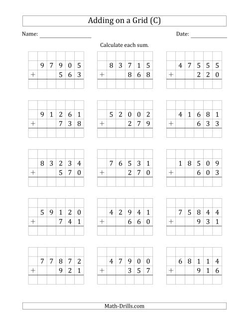 The Adding 5-Digit Plus 3-Digit Numbers on a Grid (C) Math Worksheet