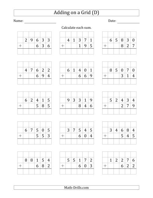 The Adding 5-Digit Plus 3-Digit Numbers on a Grid (D) Math Worksheet