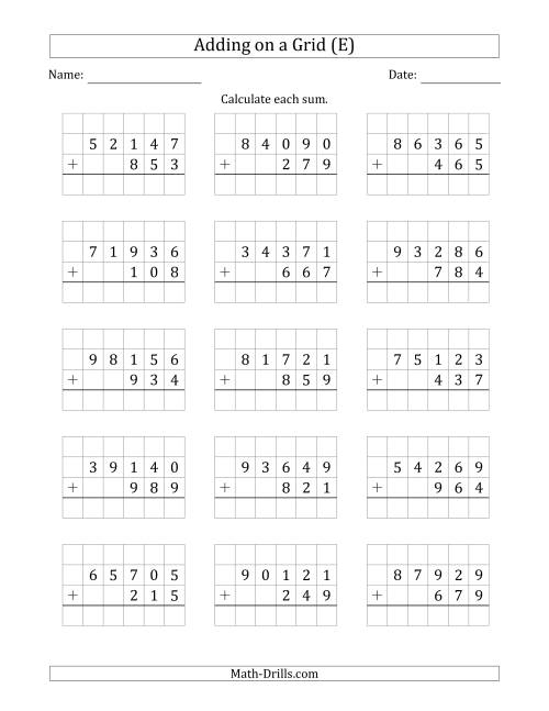 The Adding 5-Digit Plus 3-Digit Numbers on a Grid (E) Math Worksheet
