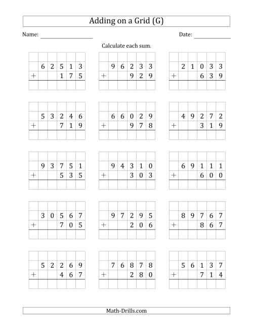 The Adding 5-Digit Plus 3-Digit Numbers on a Grid (G) Math Worksheet
