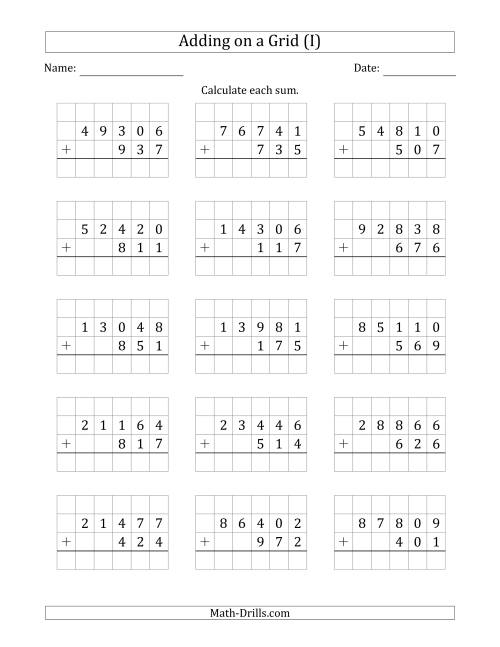 The Adding 5-Digit Plus 3-Digit Numbers on a Grid (I) Math Worksheet