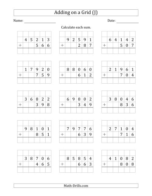 The Adding 5-Digit Plus 3-Digit Numbers on a Grid (J) Math Worksheet