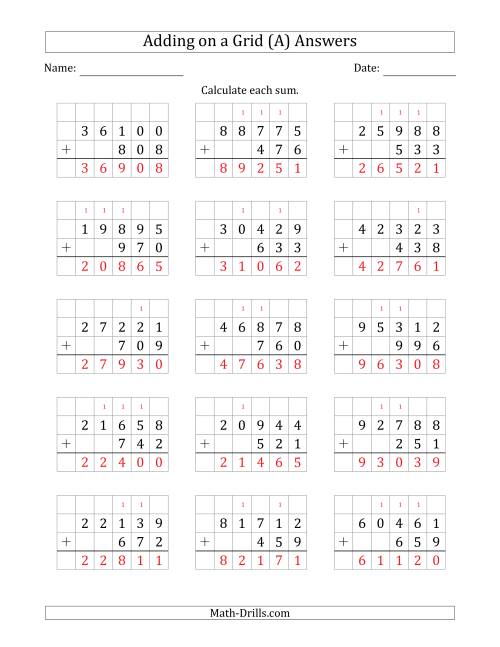 The Adding 5-Digit Plus 3-Digit Numbers on a Grid (All) Math Worksheet Page 2