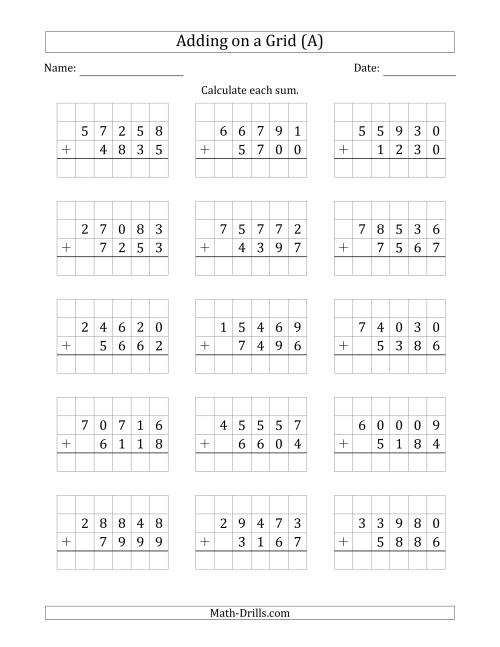 The Adding 5-Digit Plus 4-Digit Numbers on a Grid (A) Math Worksheet