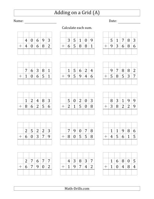 The Adding 5-Digit Plus 5-Digit Numbers on a Grid (A) Math Worksheet