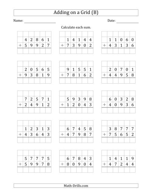The Adding 5-Digit Plus 5-Digit Numbers on a Grid (B) Math Worksheet
