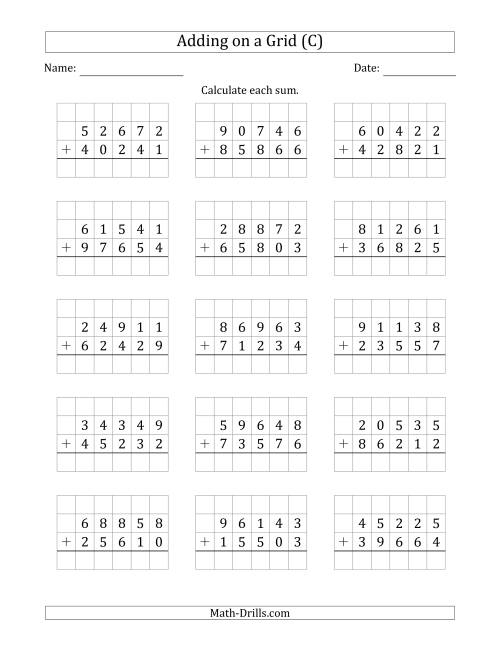 The Adding 5-Digit Plus 5-Digit Numbers on a Grid (C) Math Worksheet