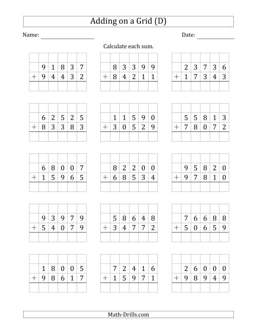 The Adding 5-Digit Plus 5-Digit Numbers on a Grid (D) Math Worksheet