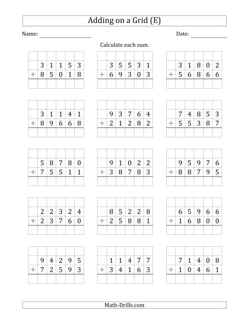 The Adding 5-Digit Plus 5-Digit Numbers on a Grid (E) Math Worksheet
