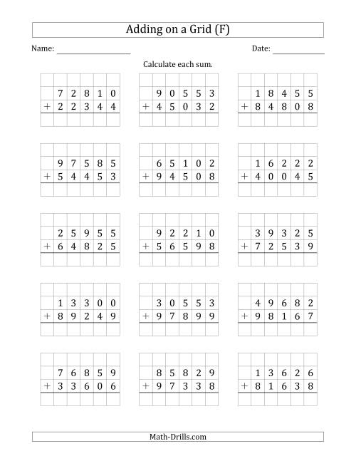 The Adding 5-Digit Plus 5-Digit Numbers on a Grid (F) Math Worksheet