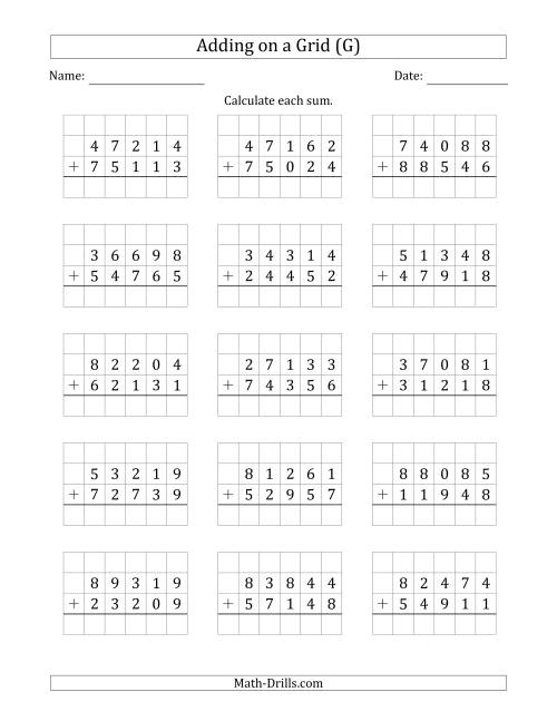 The Adding 5-Digit Plus 5-Digit Numbers on a Grid (G) Math Worksheet