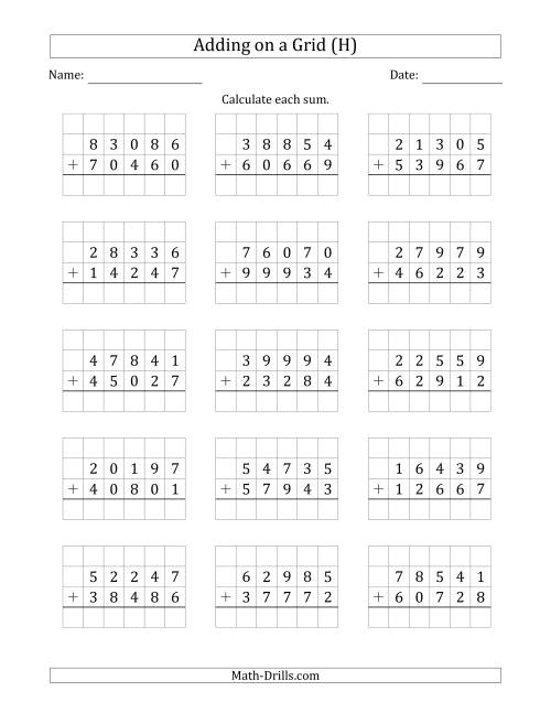 The Adding 5-Digit Plus 5-Digit Numbers on a Grid (H) Math Worksheet