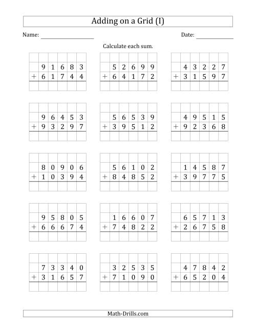 The Adding 5-Digit Plus 5-Digit Numbers on a Grid (I) Math Worksheet