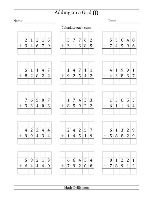 The Adding 5-Digit Plus 5-Digit Numbers on a Grid (J) Math Worksheet