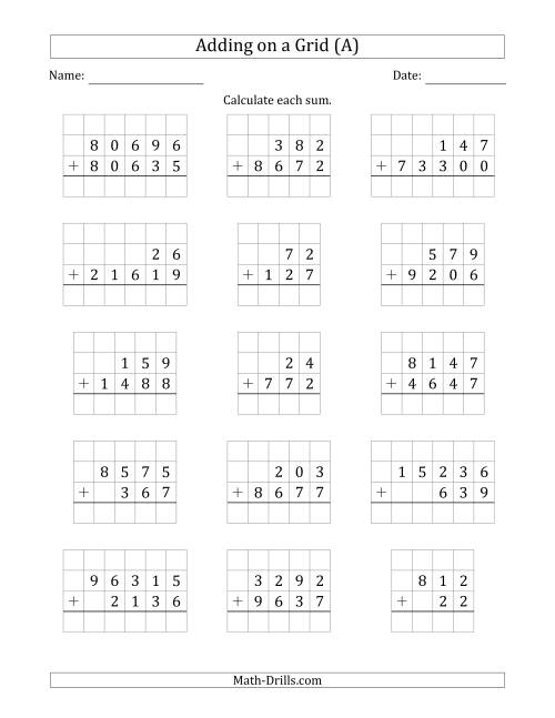 The Adding Two Addends with Various Digits on a Grid (A) Math Worksheet