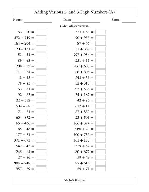 The Horizontally Arranged Adding Various Two- and Three-Digit Numbers (50 Questions) (A) Math Worksheet