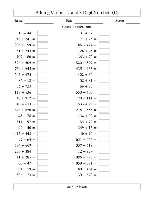 The Horizontally Arranged Adding Various Two- and Three-Digit Numbers (50 Questions) (C) Math Worksheet