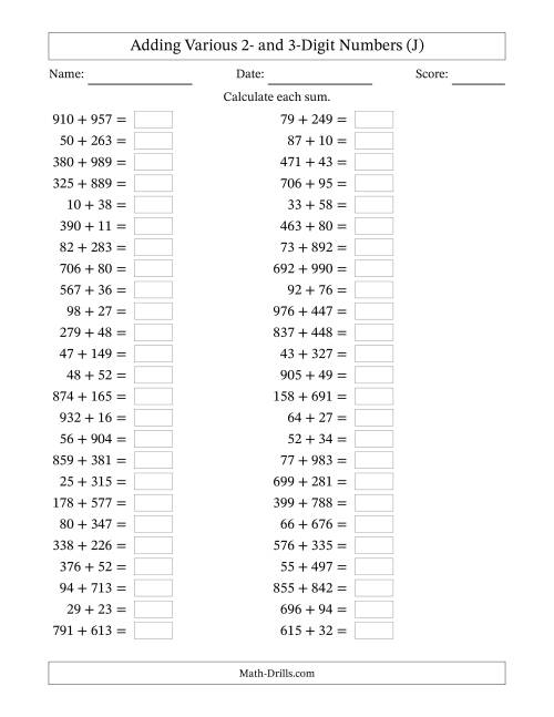 The Horizontally Arranged Adding Various Two- and Three-Digit Numbers (50 Questions) (J) Math Worksheet