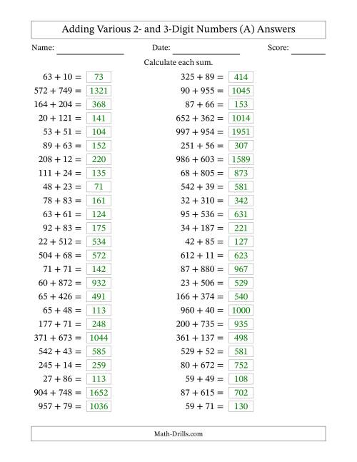 The Horizontally Arranged Adding Various Two- and Three-Digit Numbers (50 Questions) (All) Math Worksheet Page 2