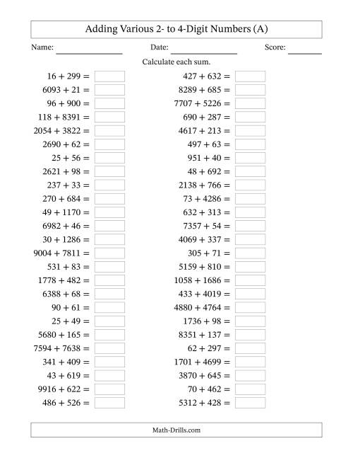 The Horizontally Arranged Adding Various Two- to Four-Digit Numbers (50 Questions) (A) Math Worksheet