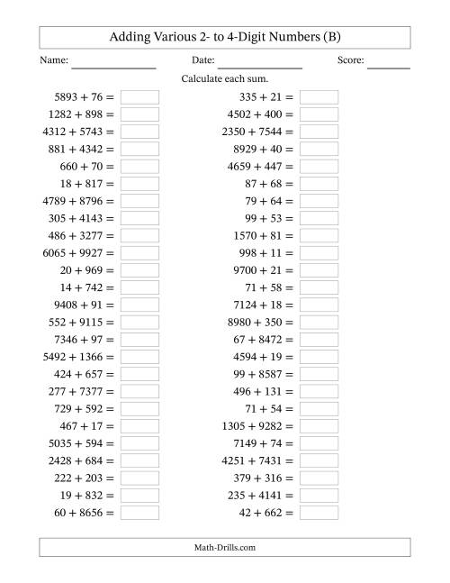 The Horizontally Arranged Adding Various Two- to Four-Digit Numbers (50 Questions) (B) Math Worksheet
