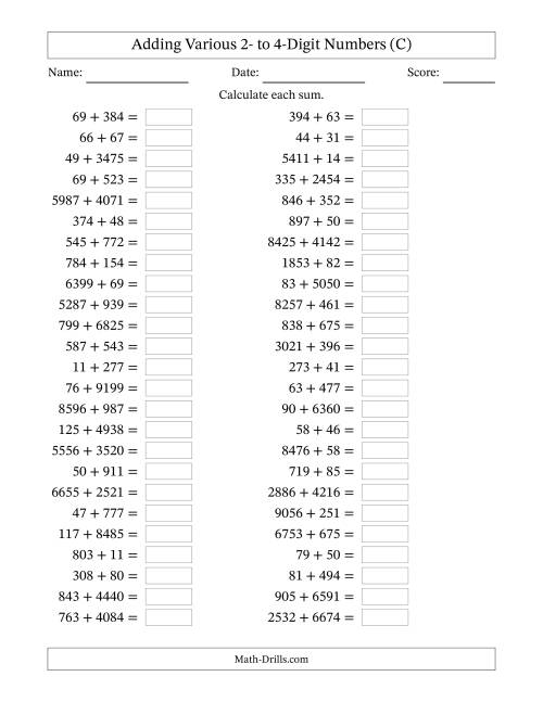 The Horizontally Arranged Adding Various Two- to Four-Digit Numbers (50 Questions) (C) Math Worksheet