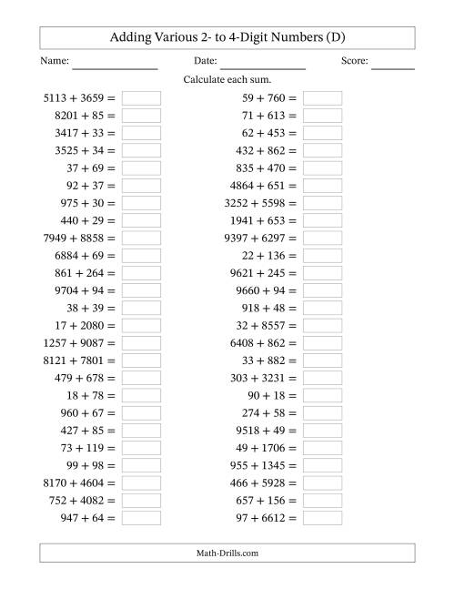 The Horizontally Arranged Adding Various Two- to Four-Digit Numbers (50 Questions) (D) Math Worksheet