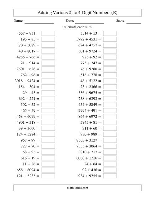 The Horizontally Arranged Adding Various Two- to Four-Digit Numbers (50 Questions) (E) Math Worksheet