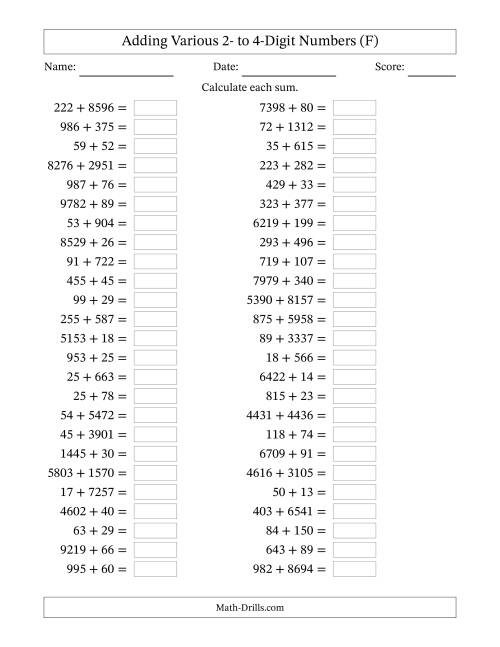 The Horizontally Arranged Adding Various Two- to Four-Digit Numbers (50 Questions) (F) Math Worksheet