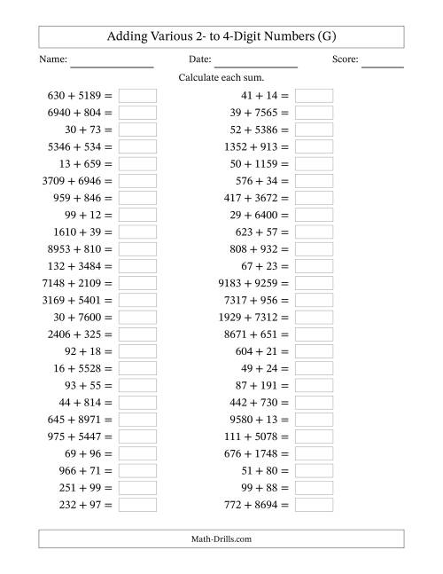 The Horizontally Arranged Adding Various Two- to Four-Digit Numbers (50 Questions) (G) Math Worksheet