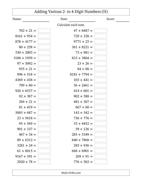 The Horizontally Arranged Adding Various Two- to Four-Digit Numbers (50 Questions) (H) Math Worksheet