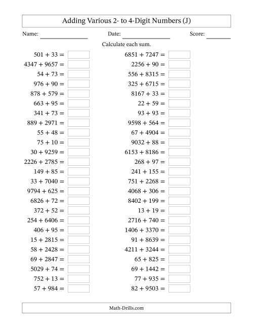 The Horizontally Arranged Adding Various Two- to Four-Digit Numbers (50 Questions) (J) Math Worksheet